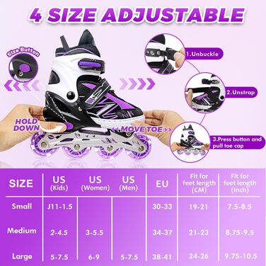 Дитячі ролики для катання в приміщенні та на вулиці, з підсвічуванням коліс, для дівчаток та хлопчиків, розмір S, чорно-фіолетові