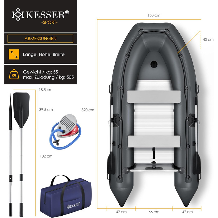 Надувний човен KESSER® Wave 320 см Комплект 6 в 1: човен, лавка, насос, весла, ремкомплект, сумка. Можливість встановлення мотора, для солоної води, антрацит