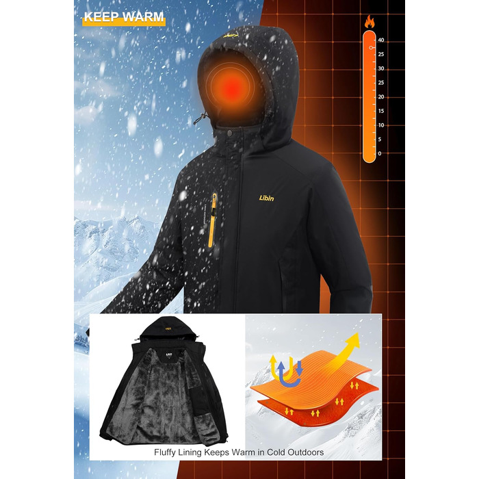 Зимова куртка Libin для чоловіків: тепла, водонепроникна, дихаюча, для катання на сноуборді та туризму. Чорний колір, розмір L