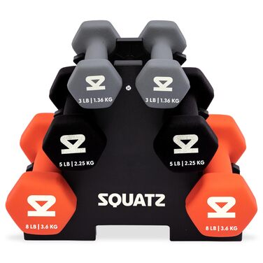 Набір неопренових гантелей SQUATZ зі стійкою 14,5 кг, 3 пари курзартлей для фітнесу, йоги та пілатесу, протиковзкі ручки, багатокольорові