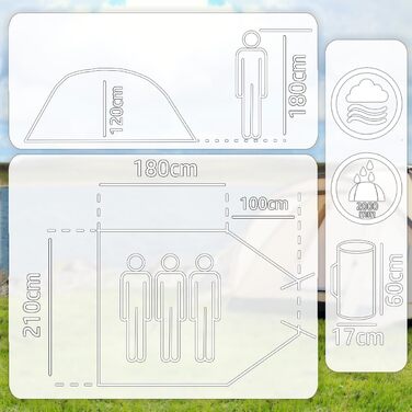 Купольний намет для 3 осіб 210x180x120 см, водовідштовхування 2000 мм, кемпінг, трекінг, фестиваль, іглу