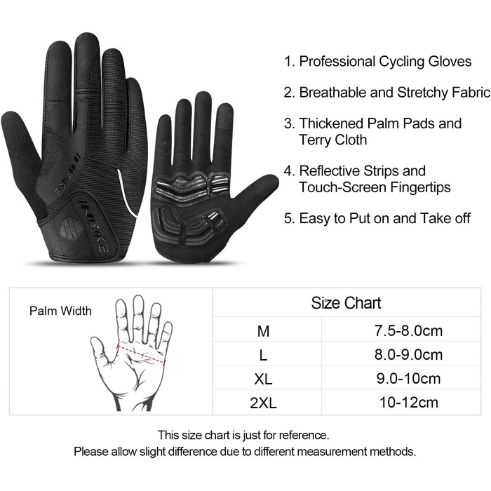 Велосипедні рукавички Inbike для чоловіків, повний палець, гелеві подушечки, для гірського велосипеда, чорні, розмір XL