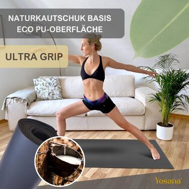 Йога мат Yosana з натурального каучуку | надзвичайно неслизька | поверхня ULTRA GRIP з ECO PU | широка 68 см | з ремінцем для перенесення | мат для йоги 183x68 см | 4 мм товщина | чорний Лев (сірий)