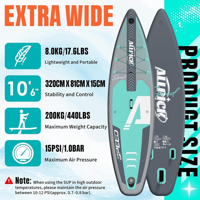 ALLPICK SUP Board Premium набір: Дошка для Stand Up Paddling надувна, з кріпленням для камери, повний комплект аксесуарів, регульоване весло, для початківців та просунутих, вантажопідйомність 200 кг, сіро-зелений