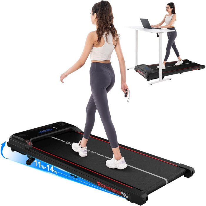 CITYSPORTS Біговий тренажер з регулюванням нахилу, WalkingPad з LED-дисплеєм та світловим ефектом, швидкість 1-6 км/год, для дому та офісу, з пультом керування (Червоний)