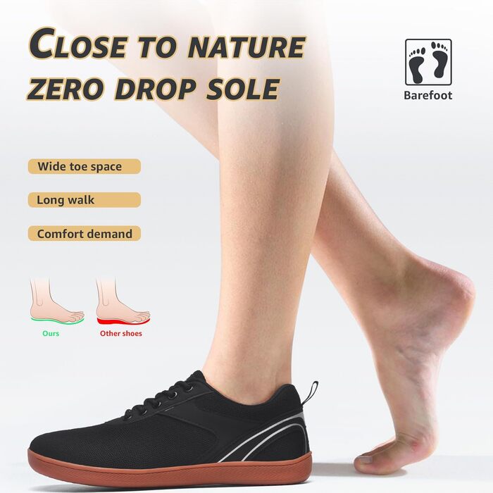 ASHION Унісекс босі кросівки для жінок та чоловіків. Широкі кросівки для ходьби, трейлраннінгу та бігу по вулицях. Розмір 39 EU, широка колодка, чорний/коричневий колір.