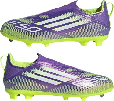 Дитячі футбольні бутси adidas F50 League Laceless для гри на твердих поверхнях, розмір 33.5 EU, фіолетовий, білий, лимонний