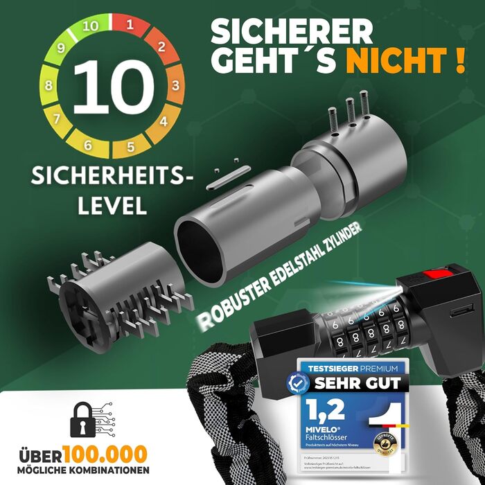Замок для велосипеда MIVELO з цифровим кодом, 100 см, 8 мм сталь, для E-bike, MTB, шосе