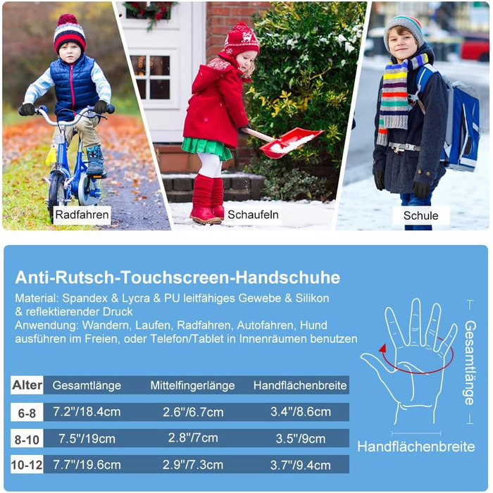 Дитячі зимові рукавички EEFOW з екраном: термо рукавички з флісу для велосипеда, бігу та прогулянок (для хлопчиків та дівчаток 4-12 років, чорний та синій, чорний та червоний)