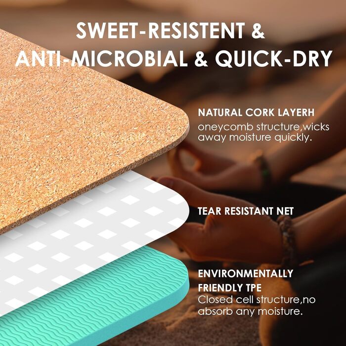 Килимок для йоги з корку – антиковзаючий, з унікальним дизайном мандали, з натурального каучуку TPE, для дому, фітнесу, пілатесу, аеробіки, з сумкою та ремінцем, блакитний