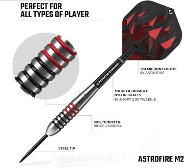 Набір дартсів Darts Corner Astrofire 21 г — 90% вольфрам, сталеві наконечники, 6 флайтів, 6 шафтів, кейс, картка, кільця