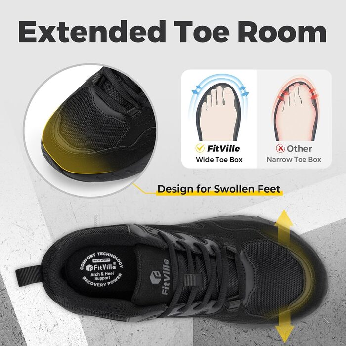 Жіночі кросівки FitVille для широкої стопи: бігові, для ходьби, фітнесу, чорного кольору (38.5 EU, X-широкі)