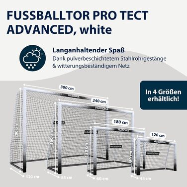 Ворота для футболу HUDORA Pro Tect Advanced – Outdoor з сіткою та стійкою до погодних умов обшивкою для дітей/дорослих – Легкий монтаж у саду – Білі ворота 240 x 160 см