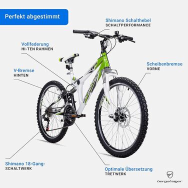 Дитячий велосипед Bergsteiger Montreal 20/24 дюймів, 18 швидкостей Shimano, гірський велосипед з повною амортизацією для хлопчиків і дівчат, від 6 до 13 років