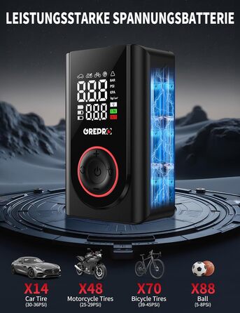 Електричний компресор GREPRO для авто, мото, велосипеда та м'ячів, 150 PSI, акумулятор 5000mAh, LED-ліхтар, цифровий манометр