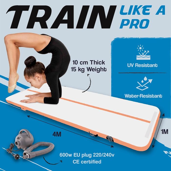 Надувна гімнастична матка AirTrack Nordic Standard з насосом, 3/4/5/6/7/8 метрів, для гімнастики, йоги, дому. Міцна та легка у транспортуванні