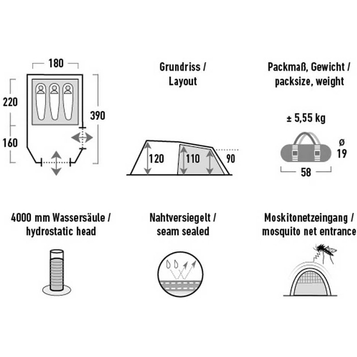 Намет High Peak Tunnelzelt Atmos 3: просторий тунельний намет для кемпінгу та трекінгу на 3 особи, водонепроникний (4000 мм), з вентиляцією та москітними вікнами