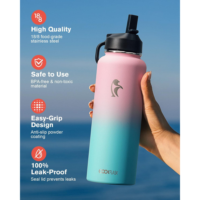 Термос-бутилка Coolflask 1180 мл з трубочкою, 3 кришки, металевий, вакуумний, для спорту та офісу, Bubble Gum