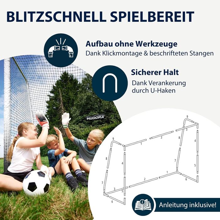 Ворота для футболу HUDORA Pro Tect Advanced – зовнішні, з сіткою та захисною оболонкою для дітей та дорослих. Легкий монтаж, білі, 240 x 160 см