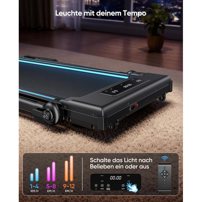 Складне бігове полотно 6-в-1 для дому, складане з регульованим столом, потужність 3.0HP, нахил до 12%, швидкість 12 км/год, Walking Pad з телескопічним підйомником 15 см та RGB-підсвіткою, максимальне навантаження 150 кг, чорно-блакитний колір