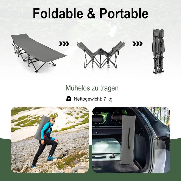 Розкладне ліжко SOARS для кемпінгу та відпочинку: стабільне металеве ліжко з кишенею та сумкою, до 272 кг, для відпочинку на природі та вдома, зелений (сірий)