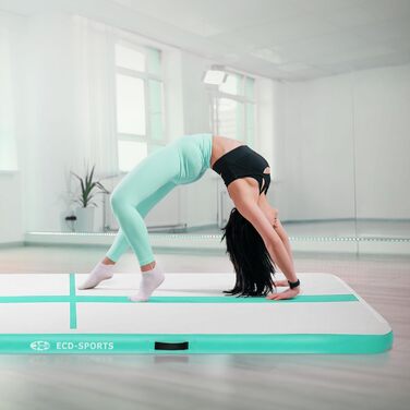 Гимнастичний мат Airtrack ECD Germany для тумблінгу та фітнесу, надувний мат для спорту та йоги з електричним насосом та сумкою, м'ятно-зелений (400 x 100 x 10 см)