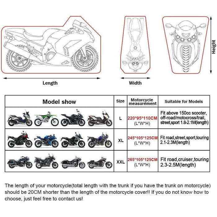 Водонепроникний чохол для мотоцикла NEVERLAND XXXL (255x75x145см), 300D Oxford, захисна навіс-гараж з замками та вітрозахистом, чорно-червоний
