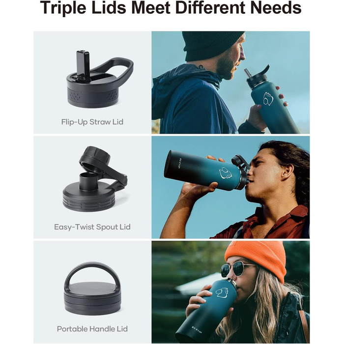 Термос-пляшка Buzio з нержавіючої сталі 1180 мл з трубочкою, ізольована, для спорту, витік захищений, Indigo Black