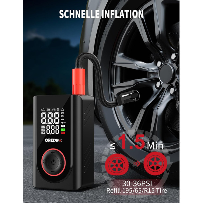 Електричний компресор GREPRO для авто, мото, велосипеда та м'ячів, 150 PSI, акумулятор 5000mAh, LED-ліхтар, цифровий манометр