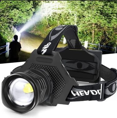 Ліхтар на лоб LED XHP70 з USB зарядкою, 90000 люмен, 5 режимів, Zoom, водонепроникний, для кемпінгу, полювання, бігу, риболовлі, велоспорту (чорний)
