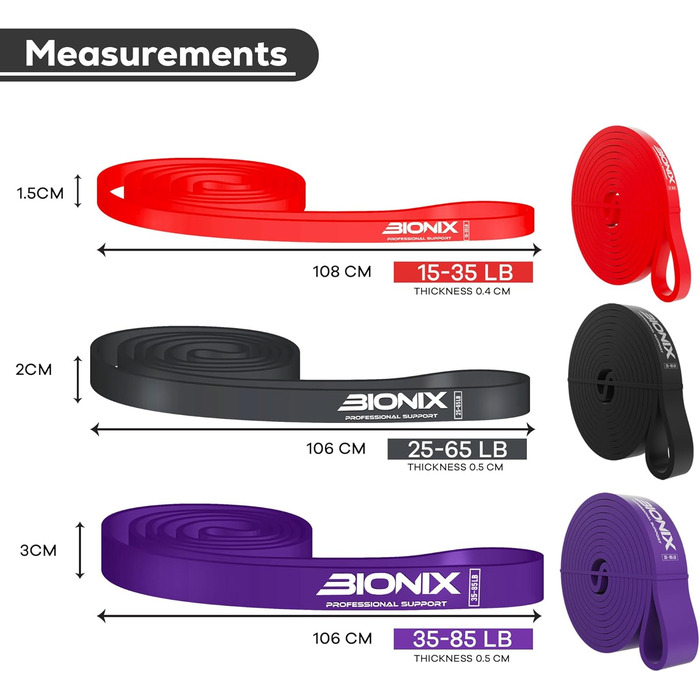 Резинки для фітнесу Bionix: Набір для тренувань, різні рівні опору, для фітнесу, кроссфіту, йоги, силових тренувань (Чорний, Червоний, Зелений, Фіолетовий)