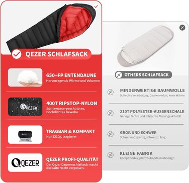 Спальний мішок для дорослих та дітей, легкий зимовий, Outdoor 8°C ~ -30°C для кемпінгу та альпінізму з 650 FP гусячий пух (Чорний, 700г пуху)