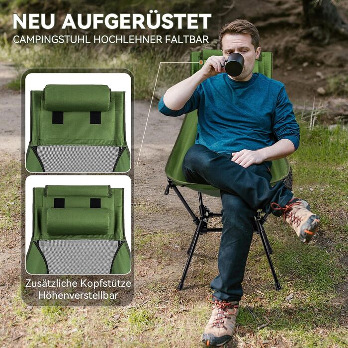 Крісло для кемпінгу Hochlehner, складне, 150 кг, ультралегке, портативне, з підголівником та двома кишенями, компактне рибальське крісло, для кемпінгу, пляжу, відпочинку на природі та піших прогулянок (колір: хакі)