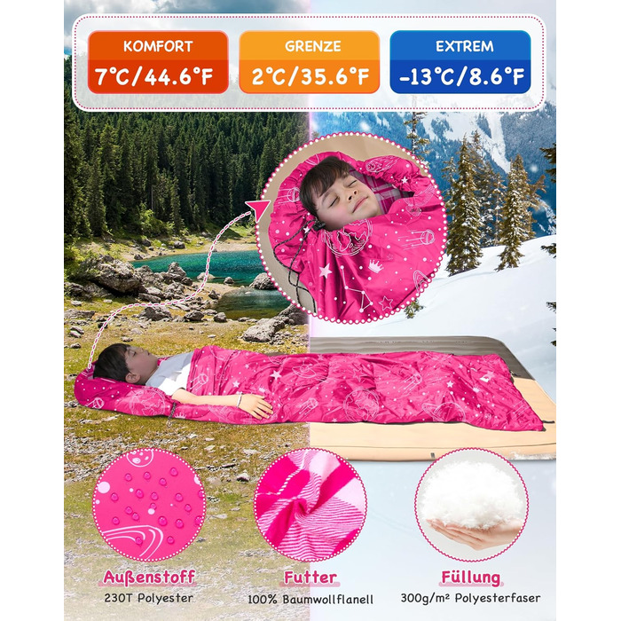 Спальний мішок KingCamp для дітей, фланелевий, легкий, водонепроникний, компактний, зимовий, 4 сезони, для кемпінгу, підходить для дітей до 140 см, комфортна температура: 7°C, рожевий, регульована довжина