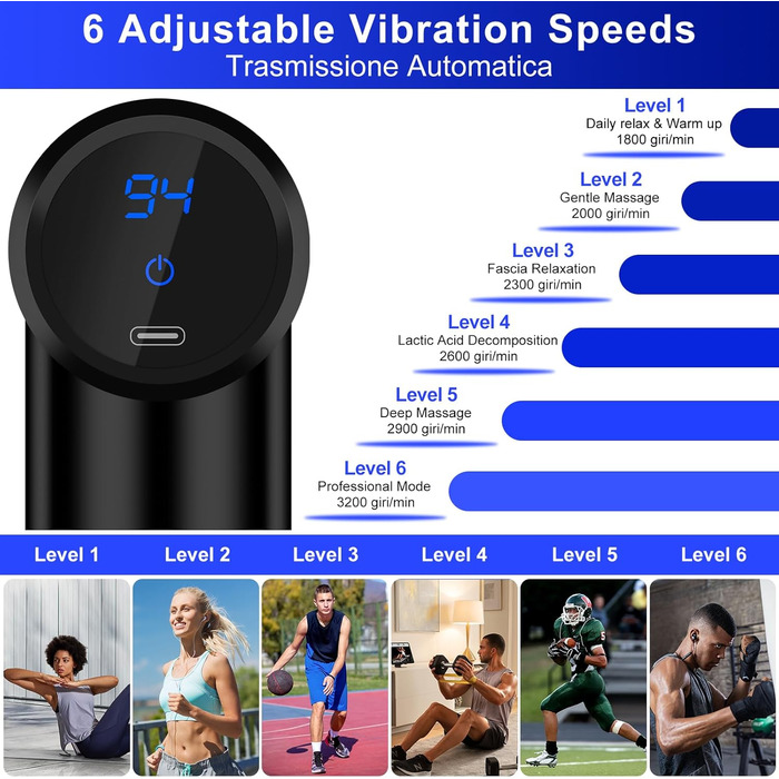 Міні масажер для м'язів AQXONG: портативний електричний масажний пістолет з LCD дисплеєм, тиха робота 45dB, 6 швидкостей, 4 насадки, акумуляторний (чорний)