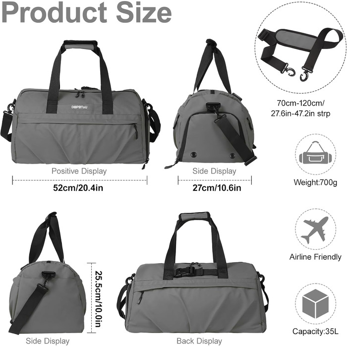 Спортивна сумка для жінок та чоловіків з жорстким матеріалом, дорожня сумка з відділенням для взуття, 2 вентиляційні отвори та відділення для мокрого одягу, водонепроникна сумка-вікендер, спортивна сумка/сума для плавання/сауни (Зелений) (Сірий)