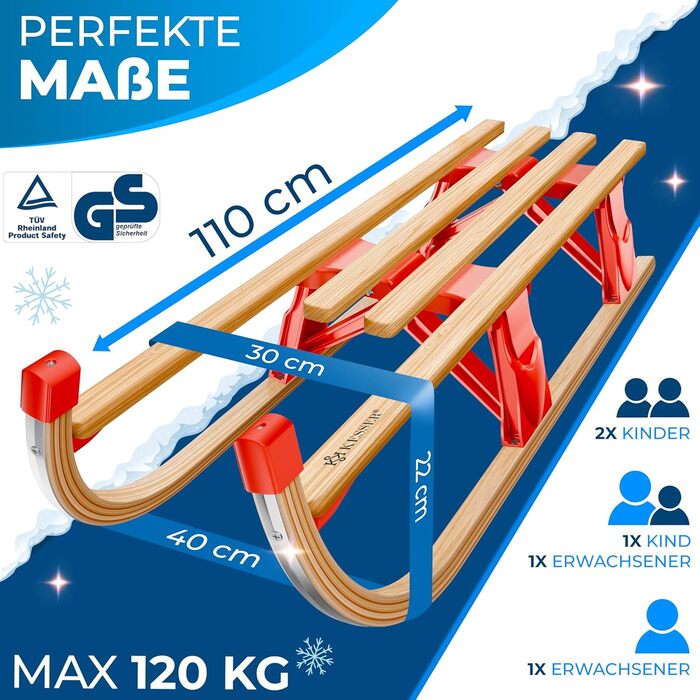 Дерев'яний санчата KESSER® Premium з буку, складні, з тяговим тросом та металевими чіпами, без спинки, червоні