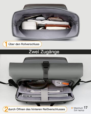 Рюкзак Inateck RollTop 25-30 л для чоловіків і жінок, велосипедний, шкільний, міський, для університету, роботи, спорту та подорожей, з відділенням для ноутбука 17