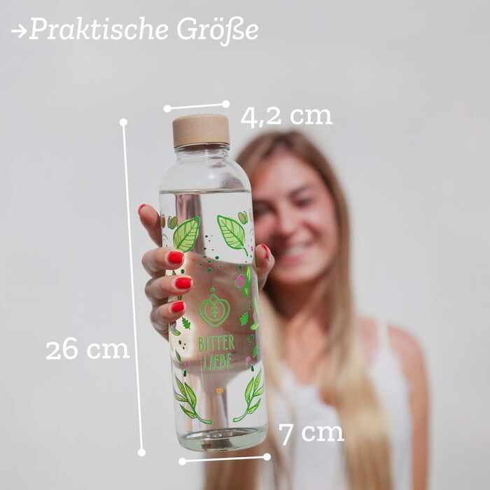 Скляна пляшка для напоїв Bitterliebe 700 мл, 100% BPA-free, з біо-кришкою, герметична, для води, для спорту, підходить для посудомийної машини