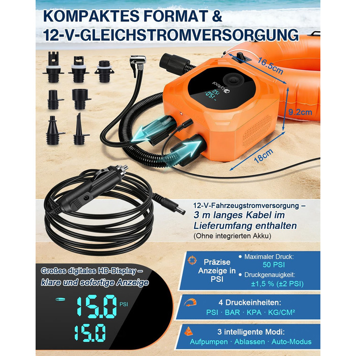 Електричний насос для SUP Lytool 50 PSI з автовимкненням для дощок, човнів, каяків, шин авто та велосипедів (12V)