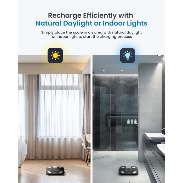 Електрична вага RENPHO з вимірюванням жиру, сонячна, точність 50г, до 180кг, з додатком, чорна