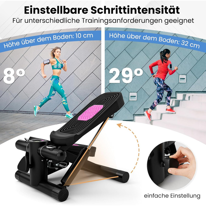 Міні степер GYMAX для дому з тросами, LCD-дисплеєм та регулюванням висоти, до 100 кг, чорний