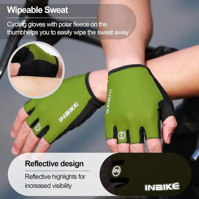 Рукавички велосипедні INBIKE Kurz Halbfinger MTB, чорно-зелені, розмір M (18.5-19.5 см), 5 кольорів
