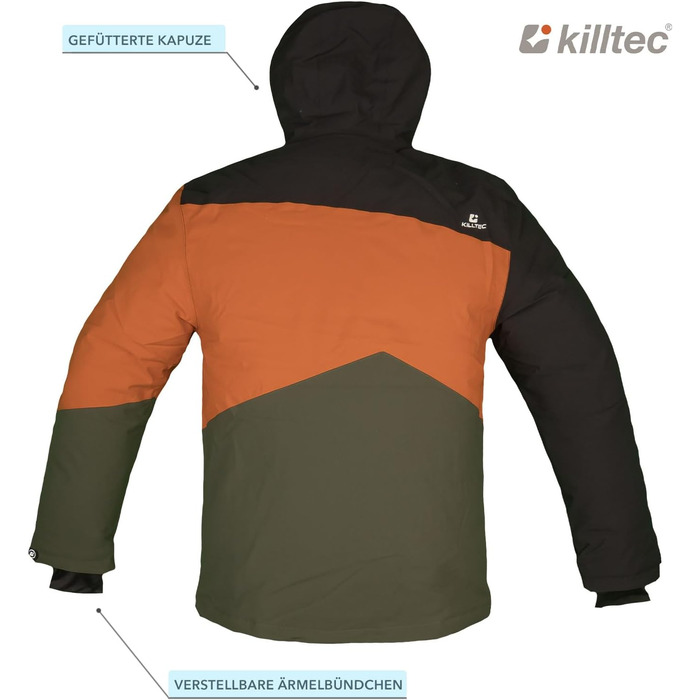 Сніговий костюм Killtec для чоловіків, розмір M, 2 частини (куртка та штани), водонепроникний, вітронепроникний, дихаючий, з водовідштовхувальним покриттям 10 000 мм, чорний, теракота / помаранчевий