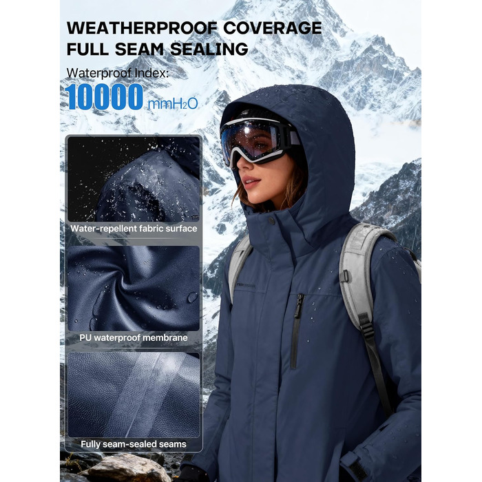 Жіноча водонепроникна куртка для сноубордингу та лижного спорту FREE SOLDIER з флісовою підкладкою та капюшоном. Тепла зимова куртка FREE SOLDIER для жінок, Mitternachtsmarineblau (L)