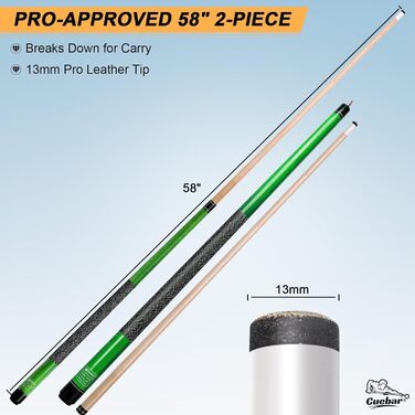 CUEBAR Більярдний кий, 147.3 см, 2-секційний з горіха, з наконечником 13 мм та льоновим грифом, для домашньої більярдного столу, для дорослих, 8 кольорів, 4 варіанти ваги (510 г, 538 г, 567 г, 595 г), колір: зелений, вага: 540 г