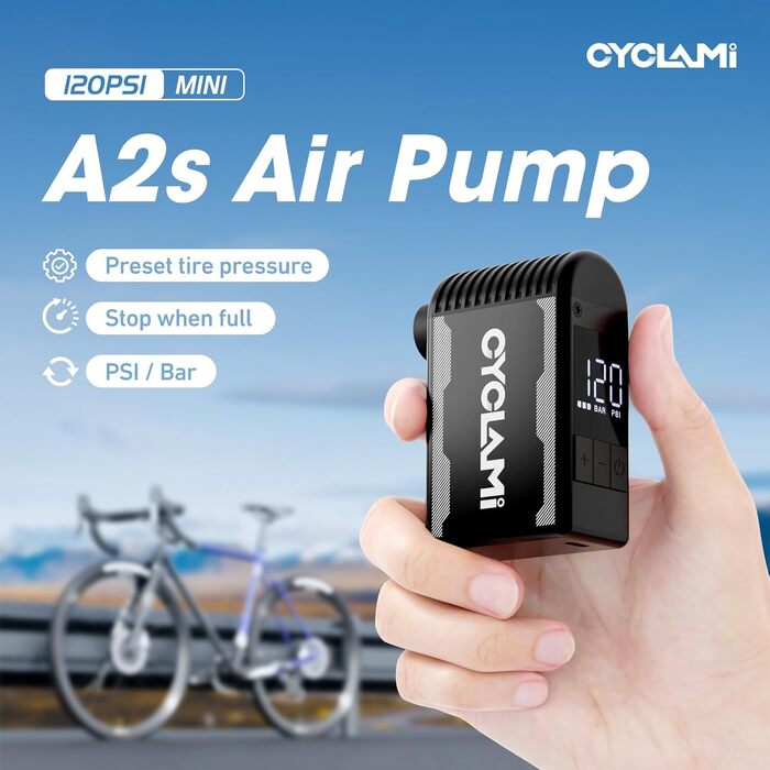 Електричний міні-насос для велосипеда CYCLAMI A2S з USB-C, автоматичним вимірюванням тиску та відключенням при 120 PSI, підходить для ніпелів Presta і Schrader