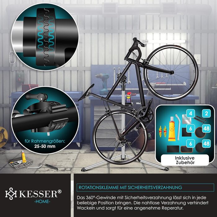 Підставка для збирання велосипедів KESSER® Profi Alu: міцна, 360° обертання, для гірських, електровелосипедів та ремонту. У комплекті сумка, ремкомплект та магнітна підставка для інструментів.