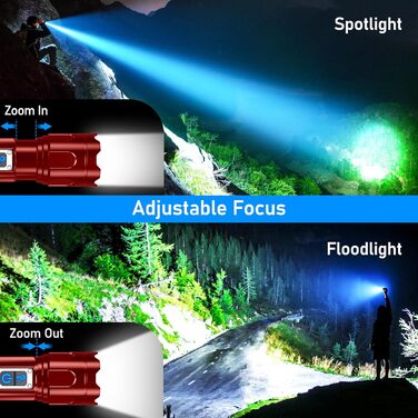 Ліхтар Blukar LED з 2 режимами кольору, головним світлом та COB бічним світлом, перезаряджуваний, надзвичайно яскравий, з плавною регулюванням, з функцією зуму, 7 режимів, водонепроникний, для активного відпочинку та надзвичайних ситуацій (каштанового кол