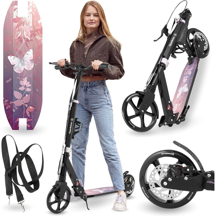 Самокат дитячий та підлітковий HyperMotion Vibe алюмінієвий, до 100 кг, складний, регульована висота керма, колеса 200 мм, ABEC-7 (Чорний з рожевим)